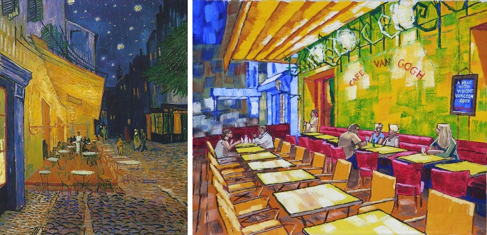 The Cafe Terrace on the Place du Forum, Arles, at Night by Van Gogh 1888 and Under Canopy version by Anthony D. Padgett 2017