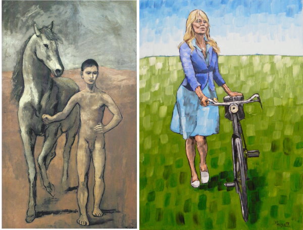 Boy Leading A Horse 1906 by Picasso - left - and Woman with Bicycle by Anthony Padgett 2018