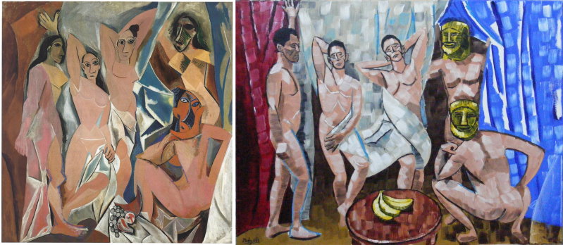 Les Demoiselles d'Avignon 1907 by Picasso - left - and The Men of Ribchester by Anthony Padgett 2018